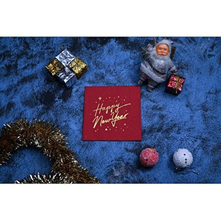 Gold Yaldızlı Kırmızı Happy New Year Kare Peçete