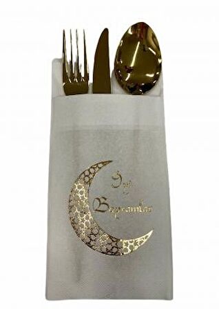 Gold Yaldızlı Beyaz İyi Bayramlar Cepli Aır Touch Peçete 12 lı 40x40