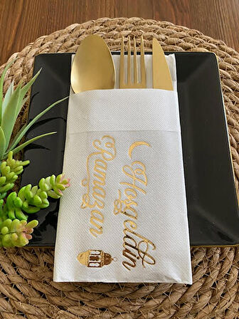 Gold Yaldızlı Beyaz Hoş Geldin Ramazan Cepli Aır Touch Peçete 12 lı 40x40