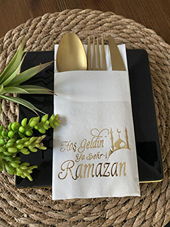 Gold Yaldızlı Beyaz Hoş Geldin Ya Şehri Ramazan Cepli Aır Touch Peçete 12 lı 40x40