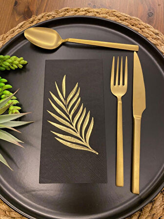 Gold Yaldızlı Siyah Yaprak Desenli Peçete 16 lı