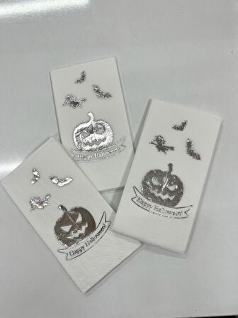 Gümüş Yaldızlı Beyaz Happy Halloween Peçete 16 lı