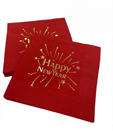 Gold Yaldızlı Kırmızı Happy New Year Kare Peçete