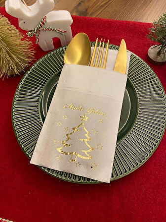 Gold Yaldızlı Beyaz Mutlu Yıllar Cepli Aır Touch Peçete 12 lı 40x40