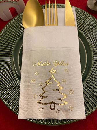 Gold Yaldızlı Beyaz Mutlu Yıllar Cepli Aır Touch Peçete 12 lı 40x40