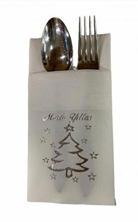 Gümüş Yaldızlı Beyaz Mutlu Yıllar Cepli Aır Touch Peçete 12 lı 40x40