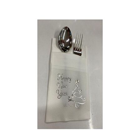 Gümüş Yaldızlı Beyaz Happy New Year Çam Ağacı Cepli Aır Touch Peçete 12 lı 40x40