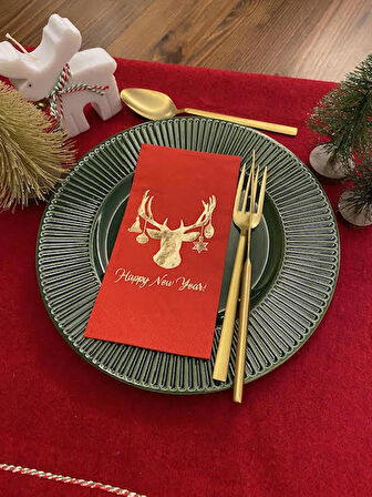 Gold Yaldızlı Kırmızı Yılbaşı Geyik Modeli Peçete