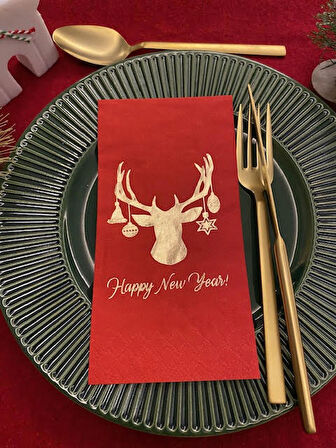 Gold Yaldızlı Kırmızı Yılbaşı Geyik Modeli Peçete