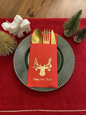Gold Kırmızı Cepli Aır Touch Yılbaşı Geyik Modeli Peçete 12 Adet 40x40