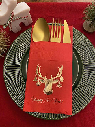Gold Kırmızı Cepli Aır Touch Yılbaşı Geyik Modeli Peçete 12 Adet 40x40