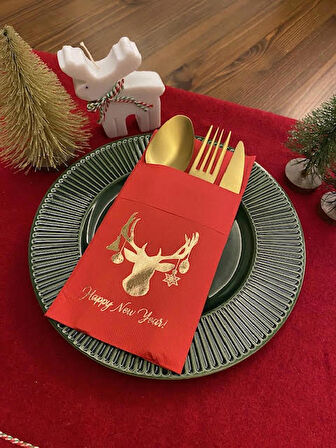 Gold Kırmızı Cepli Aır Touch Yılbaşı Geyik Modeli Peçete 12 Adet 40x40