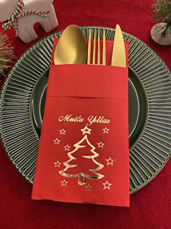 Gold Yaldızlı Kırmızı Mutlu Yıllar Cepli Aır Touch Peçete 12 lı 40x40