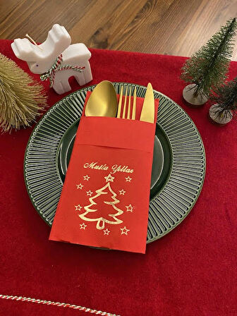 Gold Yaldızlı Kırmızı Mutlu Yıllar Cepli Aır Touch Peçete 12 lı 40x40