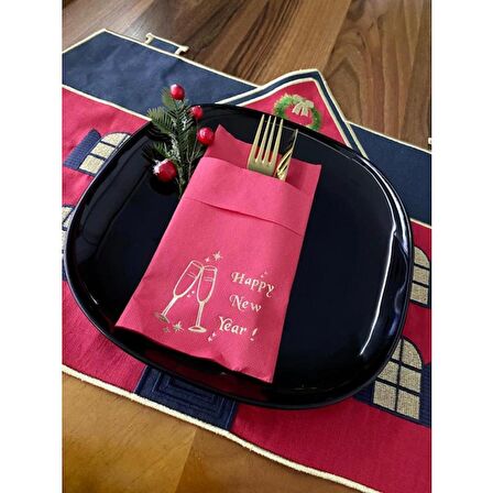 Gold Kırmızı Cepli Aır Touch Yılbaşı Kadeh Happy New Year Peçete 12 Adet 40x40