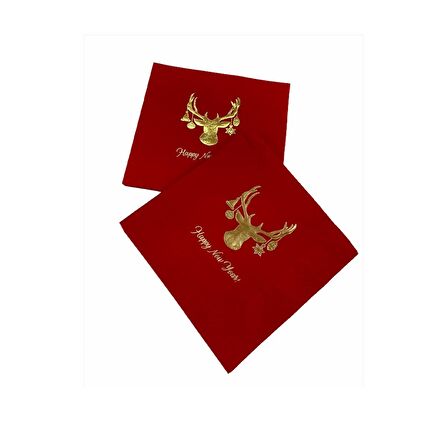 Gold Yaldızlı Kırmızı Yılbaşı Geyik Modeli Kare Peçete