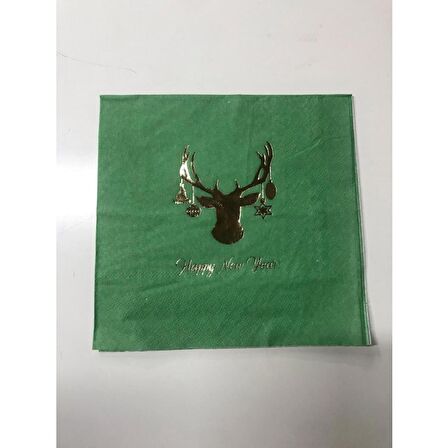 Gold Yaldızlı Yeşil Geyik Happy New Year Kare Peçete