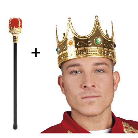 Altın Renk 60 cm Kral Tacı Kraliyet Tacı ve Kırmızı Topuzlu Kral Asası Seti 
