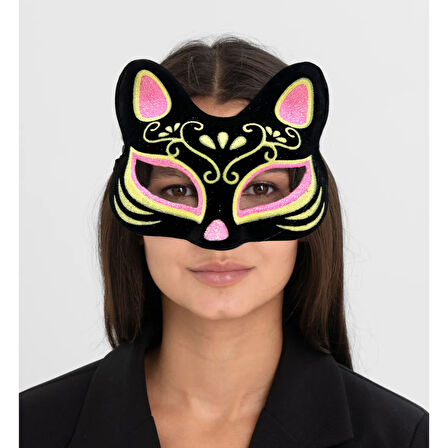 Siyah Renk Süet Kaplama Üzeri Pembe Sarı Simli Kedi Maskesi 17x14 Cm 