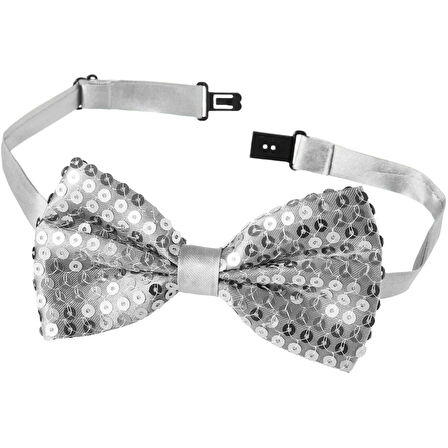 Gece Işıltısı Gümüş Payetli Pullu Papyon 7x2 cm 