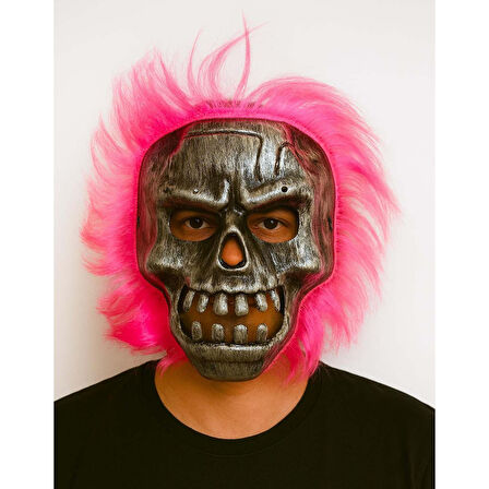 Wild Skull - Gümüş Kafatası Pembe Saçlı İskelet Maske 