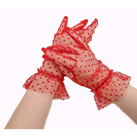 Kısa Boy Güpürlü Kırmızı Puantiyeli Tül Eldiven Kırmızı Renk 