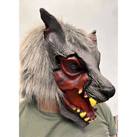 Kafaya Tam Geçmeli Lateks Dişli Ağzı Açık Kurt Maskesi 