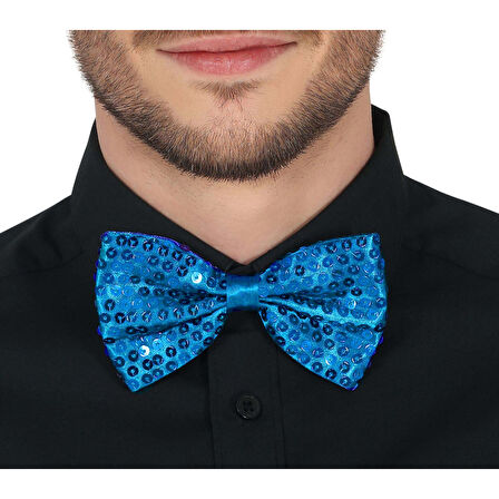 Gece Işıltısı Açık Mavi Turkuaz Payetli Pullu Papyon 7x2 cm 