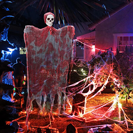 Led Işıklı Kahkaha Atan Sesli Sensörlü Ürpertici Kuru Kafa Kanlı Korku Hayalet Saçaklı Dekor 90x50 cm 