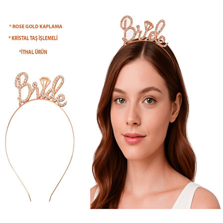 Rose Gold Renkli Taşlı “Bride” Gelin Tacı – El Yazısı Yazı Tipiyle 