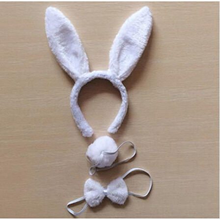 Tavşan Kostüm Seti Taç Papyon Kuyruk Beyaz Renk 