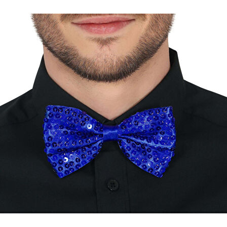 Gece Işıltısı Mavi Payetli Pullu Papyon 7x2 Cm 