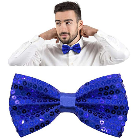 Gece Işıltısı Mavi Payetli Pullu Papyon 7x2 Cm 