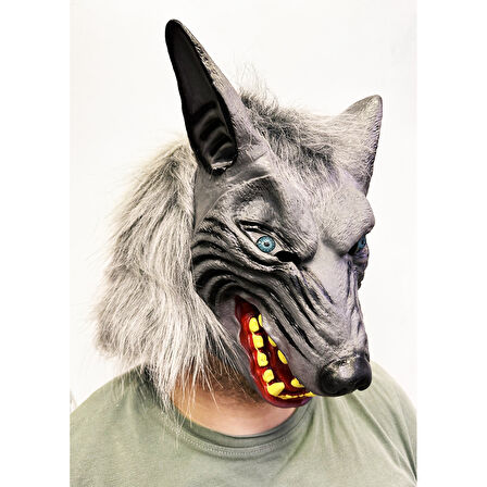 Kafaya Tam Geçmeli Lateks Mavi Gözlü Dişli Ağzı Açık Kurt Maskesi 