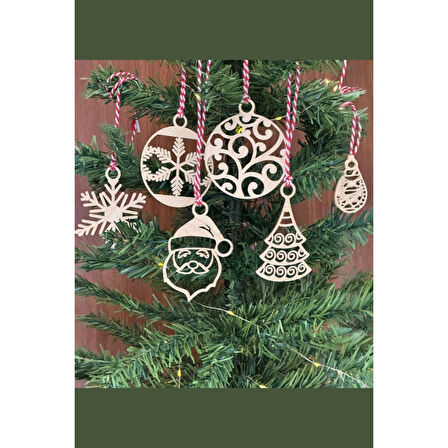 6 Parça Kırmızı Beyaz İpli Noel Babalı ve Kar Tanesi Model Ahşap Yılbaşı Ağaç Süsü 