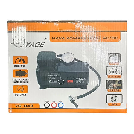 220 Volt-12 Volt 250 Psi Kompresör Lastik Hava Şişirme Oto Pompası Fişli Ve Çakmaklı Yage-843 