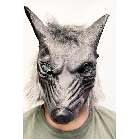 Kafaya Tam Geçmeli Lateks Mavi Gözlü Dişli Ağzı Açık Kurt Maskesi 