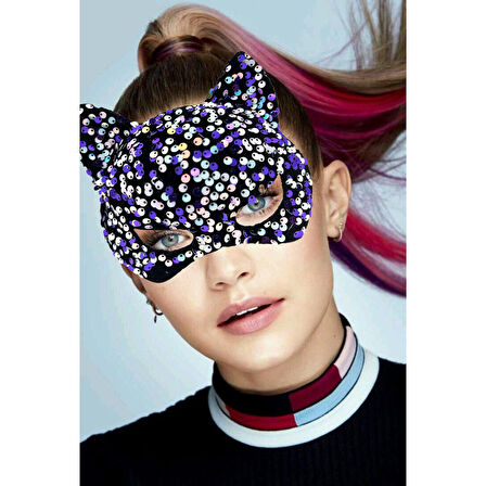 Siyah Kadife Kumaş Üzerine Mor Beyaz Payetli Pullu Parti Maskesi 16x14 cm 