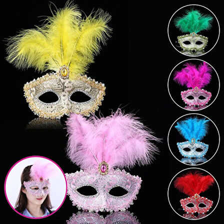 Mavi Dantel İşlemeli Mavi Tüylü Balo Parti Maskesi 17x20 Cm 