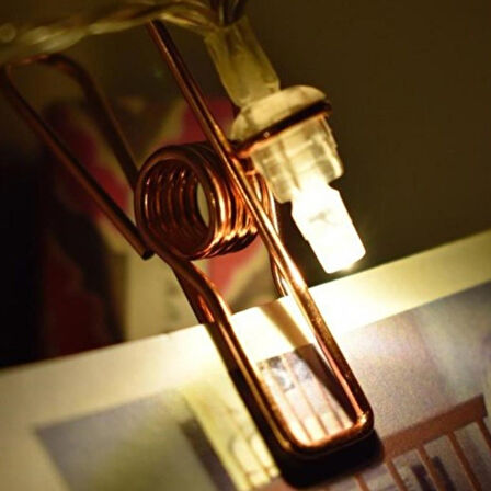 Bakır Renkli Led Işıklı Fotoğraf Asma Işık Süsleme Mandalları 