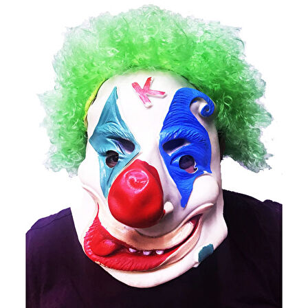 Yeşil Renk Afro Bonus Peruklu Palyaço Lateks Et Maske 