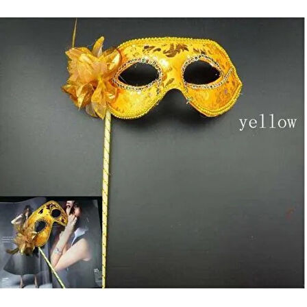 Lüks Taşlı Saplı Maskeli Balo Maskesi Altın Renk 35 Cm 