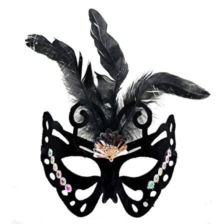 Siyah Renk Siyah Süet Kaplama Tüylü Kelebek Figür Parti Maskesi 24x18 cm 