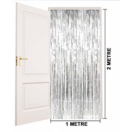 Gümüş Renk Ekstra Metalize Parlak Saçaklı Arka Fon Perde İthal A Kalite 1x2 Metre 