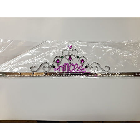 Gümüş Renk Prenses Yazılı Parti Tacı 60 cm 