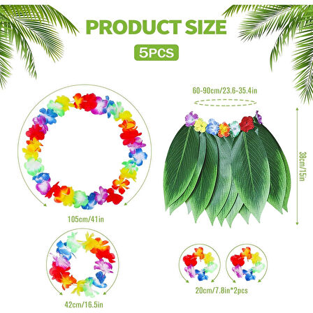 Çocuk Hawaii Kostüm Seti - Yaprak Etek &amp;amp;amp; Hawaii Set - 5 Parça 