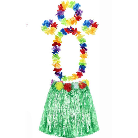 Yetişkin ve Çocuk Uyumlu Luau Aloha Hawaii Yeşil Etek ve Renkli Kolye Taç 2 Adet Bileklik Seti 