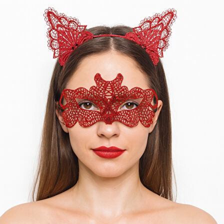 Ateş Kırmızısı Dantel Taç ve Maske Seti 10 No - Maskeli Balo &amp;amp;amp; Özel Gün Seti 