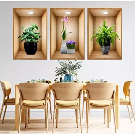 3D Çiçek Vazo Duvar Sticker 3 lü Set Kahverengi Fon 