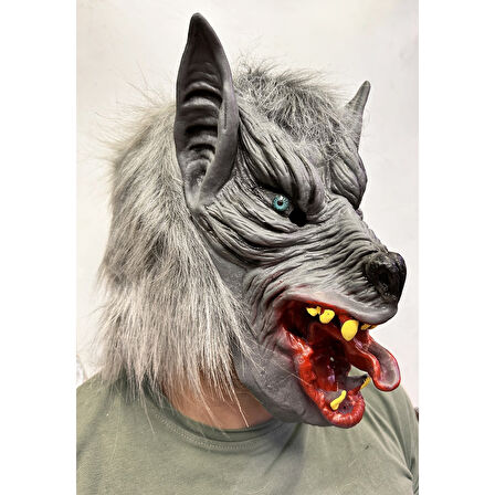 Kafaya Tam Geçmeli Lateks Dil Çıkaran Mavi Gözlü Kurt Maskesi 